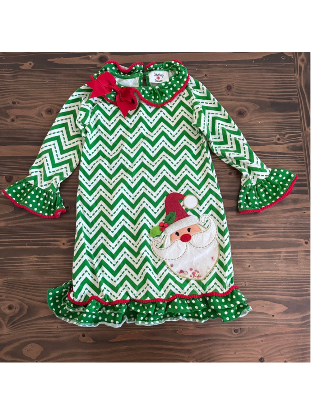 Counting Daisies Girls Dress 6X Green White Christmas Santa Shaker Sequins